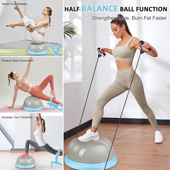 2-in-1 Balance Ball & Plank Board Trainer with App & 4 Interactive Games, Half Exercise Ball for Pilates & Yoga, Core Strength Training, Home Gym Workout, with 2 Resistance Bands & Pump-StrideForce Fitness