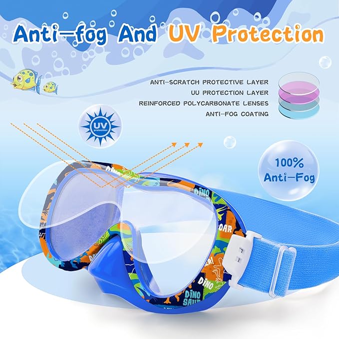 Kids Swim Goggles with Nose Cover, 180° Panoramic Snorkel Mask with Anti-Fog & Anti-Leak Design, Comfort Fabric Strap UV Protection Lens for Boys Girls Ages 3-15-StrideForce Fitness