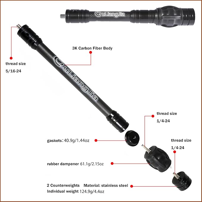 AMEYXGS Bow Stabilizer for Compound Bow, 6" 8" 10" 12" Rod Balance Bar with Damping System and Weights Shock Absorber for Compound Bow Archery Accessory-StrideForce Fitness