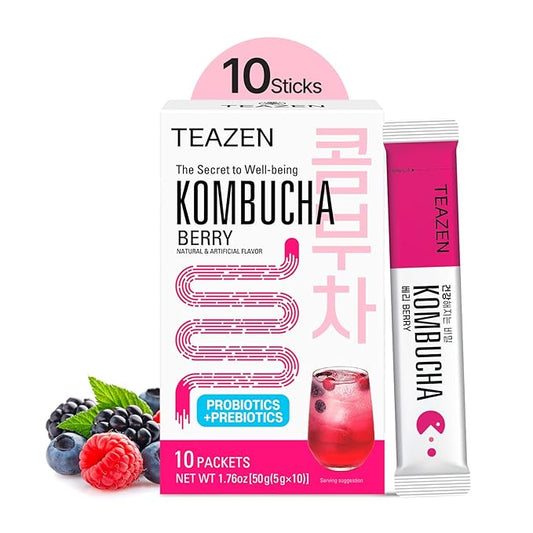 TEAZEN Berry Kombucha Tea, Hydration Drink Mix, Sugar Free, Live Probiotics & Prebiotics, 10 Sticks, 1.76oz-StrideForce Fitness