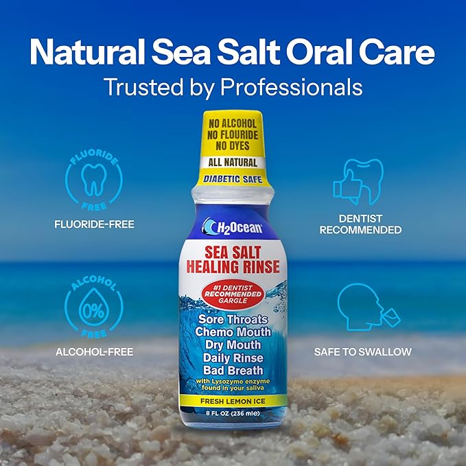 H2Ocean Healing Rinse Natural Sea Salt Oral Care - Mouth Rinse for Oral Care - Great for Piercings, Sore Throats & Gum Health - Alcohol- & Fluoride-Free Mouthwash - Lemon Ice, 16 oz