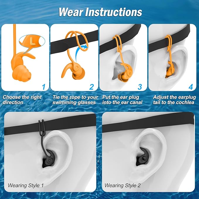 Swimming Ear Plugs for Adults, 4 Pairs Waterproof Reusable Silicone Swim Earplugs with Removable Cord, Perfect for Swimming, Showering, Surfing and Other Water Sports - Two Wearing Styles-StrideForce Fitness