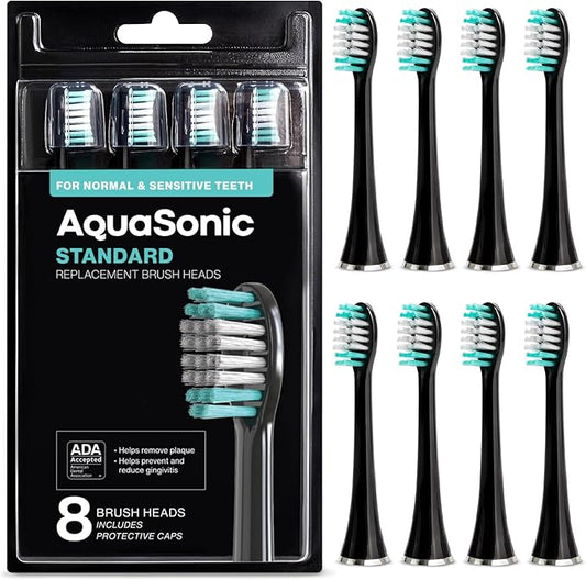 AquaSonic Standard Replacement Brush Heads | ADA Accepted | for Normal & Sensitive Teeth | Compatible with Many AquaSonic Toothbrush Handles (8 Pack Black)