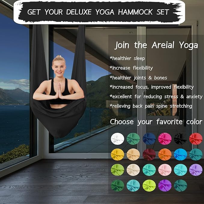 5.5 Yards Aerial Silks Yoga Swing Set - Aerial Yoga Hammock Kit Anti-Gravity Flying for Fitness, Low/Non Stretch Nylon Tricot Fabric Hardware Included for Dance-StrideForce Fitness