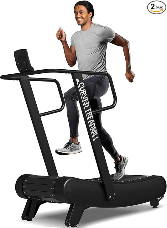 Mikolo Curved Manual Treadmill, Non Electric Treadmill with 8 Resistance Levels, LCD Digital Monitor Shock Absorption, Multi-Grip Adjustable Handrails, Non-Slip Belt-StrideForce Fitness