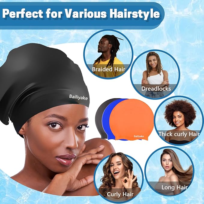 3 Pack Extra Large Swim Cap for Braids & Dreadlocks - Waterproof Silicone Swim Hat for Women with Long Thick Hair, Protective Swim Cap Cover Ears for Swimming, Shower, Bathing-StrideForce Fitness
