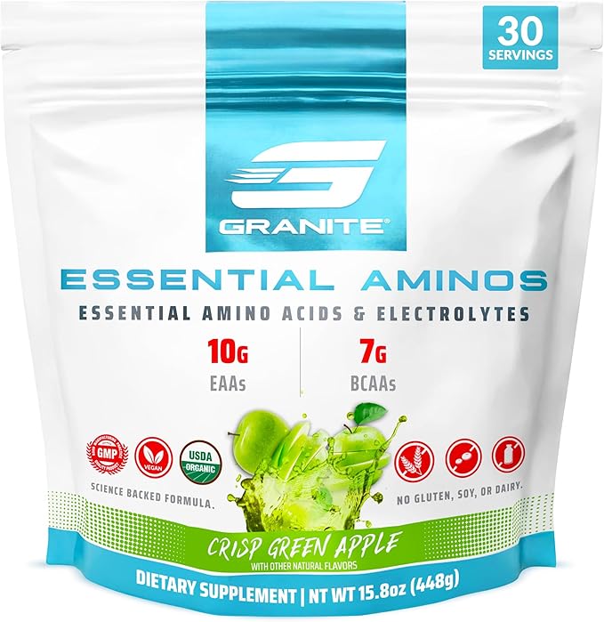 Granite Essential Amino Acids Powder, Green Apple Flavor, with 10g EAAs and 7g BCAAs, Supports Muscle Recovery & Growth, Soy-Free, Gluten-Free (30 Servings)-StrideForce Fitness