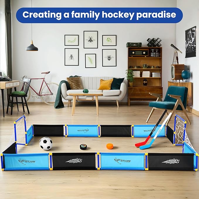 2-in-1 Knee Ice Hockey Set Rink Soccer Ball Indoor Mini Goals Set Include 2 Knee Hockey Sticks, 2 Goals, 12 Side Panels and an Inflatable Soccer Ball-StrideForce Fitness