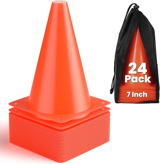 GHB Soccer Cones 7" 9" of 12 24 Pack Disc Soccer Sport Cones Training Field Marker Agility Cones for Basketball, Coaching, Practice Equipment Includes Drills Guide-StrideForce Fitness
