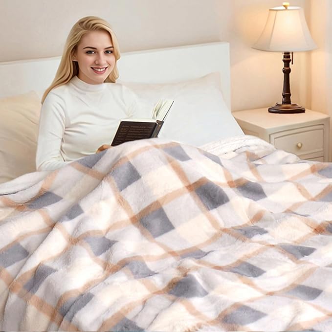 PU MEI Super Soft Faux Rabbit Fur Sherpa Fleece Throw Blanket, Reversible Luxury Cozy Cute Furry Blanket, Plush Warm Shaggy Fluffy Checkered Blankets for Sofa Couch Bed (Grey-Plaid, 80" x 90")-StrideForce Fitness