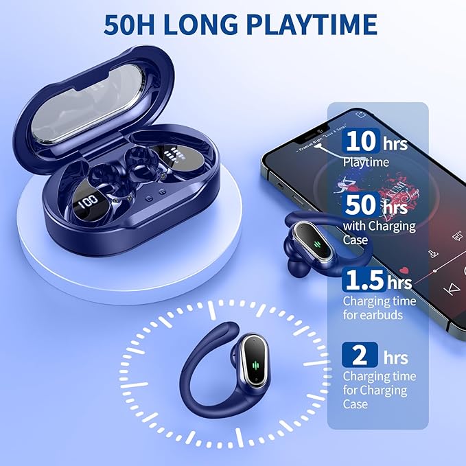 Wireless Earbuds, 2025 Bluetooth 5.4 Headphones Sport, Bluetooth Earbuds with ENC Noise Canceling Mic, 50H Stereo Wireless Headphones IP7 Waterproof with Earhooks, Dual LED Display for Workout/Running-StrideForce Fitness