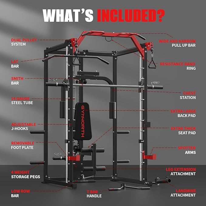 Smith Machine, Power Rack with LAT Pulldown System, Power Cage with Cable System, Squat Rack for Home Gym with Chest Press Machine, Spotter Arms, Leg Curl Attachment and More-StrideForce Fitness