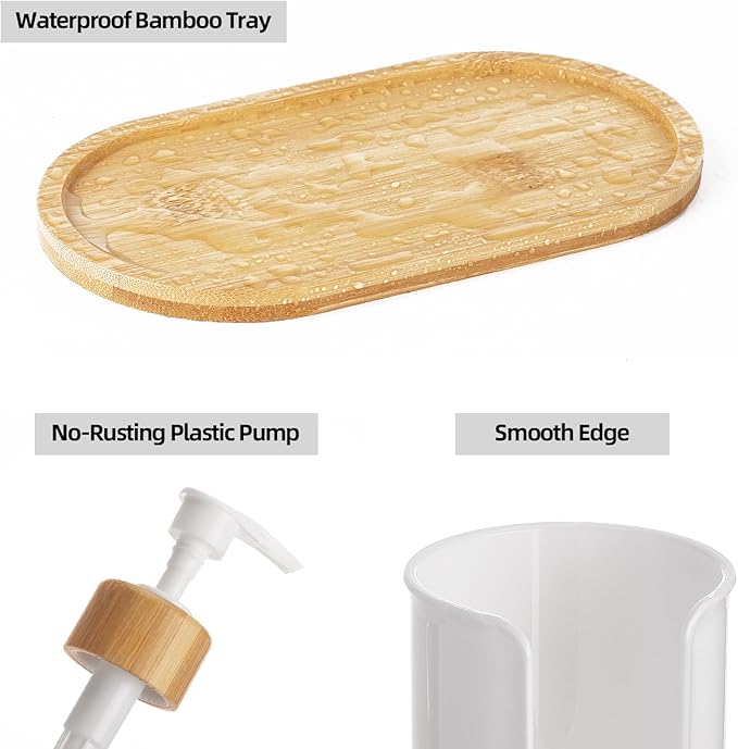 Mouthwash Dispenser with Cup Holder, Plastic White Mouth Wash Pump Bottle with Tray for Bathroom Organizers, 17oz Refillable Clear Mouthwash Container