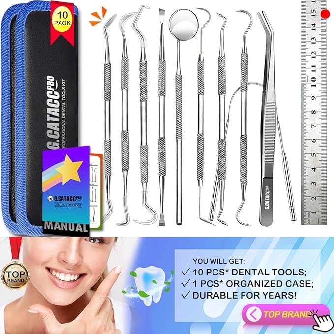G.CATACC 10 Pack Dental Tools, Professional Plaque Remover for Teeth Cleaning Tools Set, Stainless Steel Hygiene Kit with Dental Pick Tooth Scraper Plaque Tartar Remover Tongue Cleaner - with Case