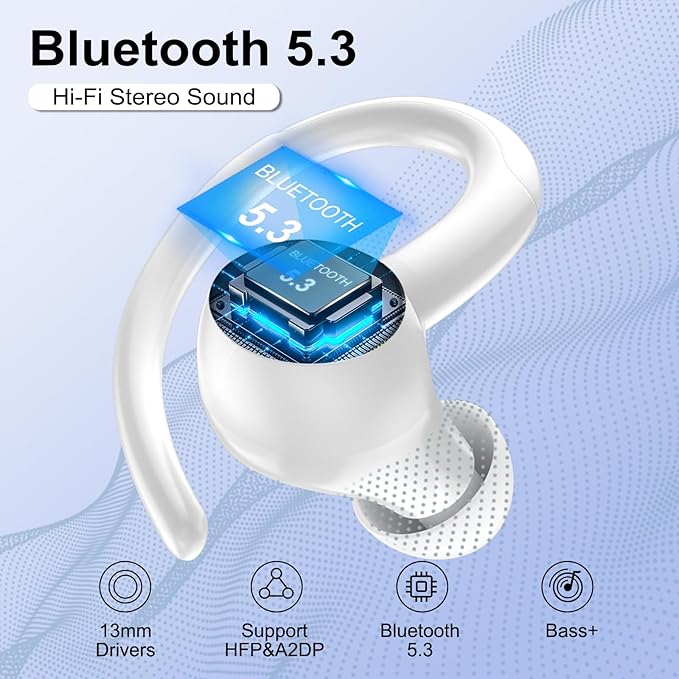 Wireless Earbuds Bluetooth 5.3 Headphones Sports, 48Hrs Playtime Bluetooth Earbuds with CVC 8.0 Mic, 2025 Stereo Bass Over Ear Bud with Earhooks, LED Display, IP7 Waterproof Earphon for Running White-StrideForce Fitness