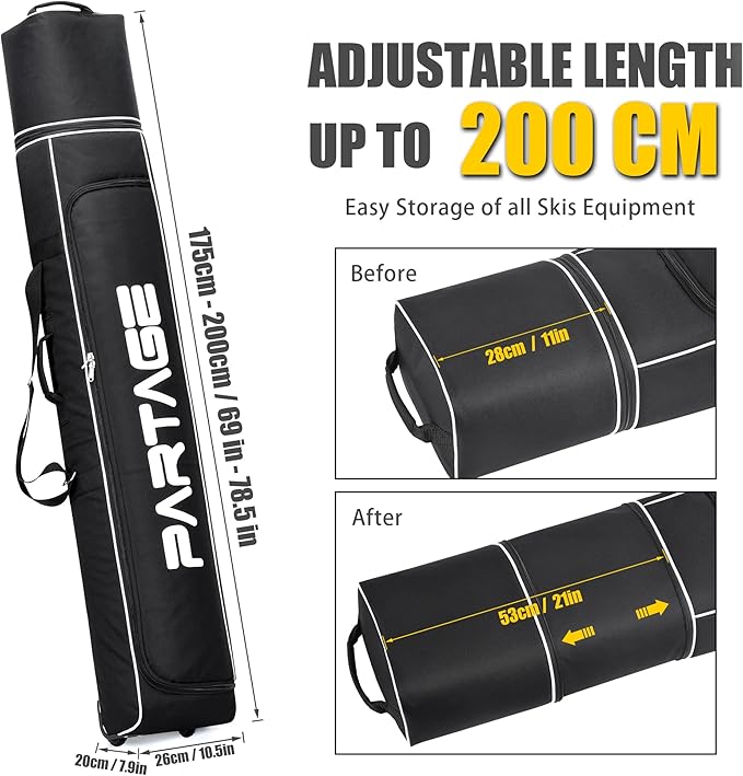 Partage Ski Bag - Ski Bag with Wheels Waterproof Ski Travel Bag Ski Boot Bag 600D Heavy Duty Oxford Fabric - Adjustable Length Up to 200cm Easy to Store and Transport Suitable for Men Women-StrideForce Fitness
