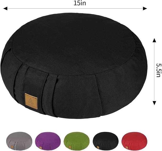 Round Zafu Meditation Cushion, D=15" H=5.5" Zabuton Meditation Pillow, Yoga Bolster/Pillow, Floor seat, Zippered Organic Cotton Cover, Natural Buckwheat, Kneeling Pillow-StrideForce Fitness