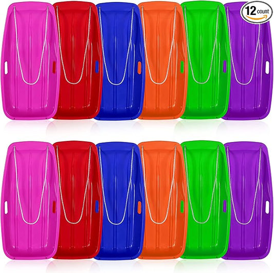 Jerify 12 Pcs 35 in Classic Snow Sled Winter Downhill Sprinter Toboggan with Pull Rope and Handles Plastic Sleds for Kids Adults Snow Sand Board Sleigh, 6 Colors-StrideForce Fitness