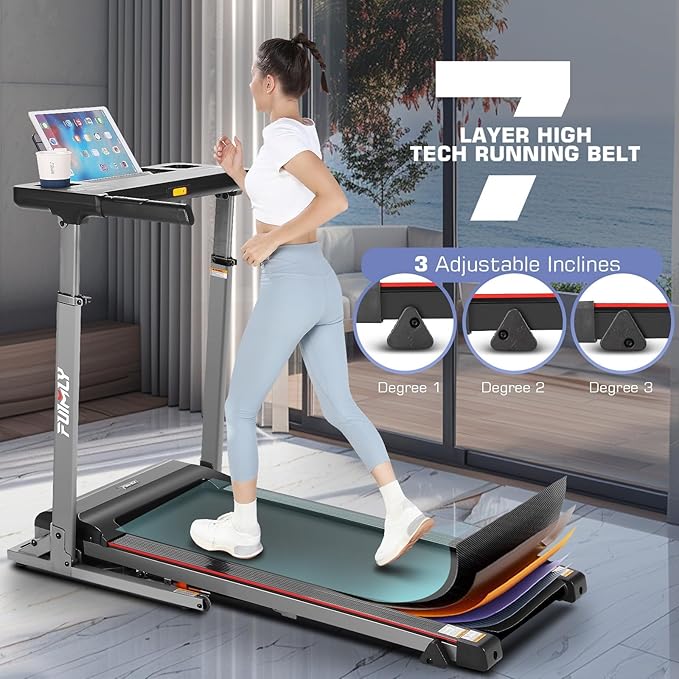 Treadmill with Desk Workstation & Adjustable Height, 300 LBS Weight Capacity, Folding Treadmill with 3 Level Incline, Bluetooth Speaker & App, Portable 2.5HP Walking Pad with Desktop for Home Office-StrideForce Fitness