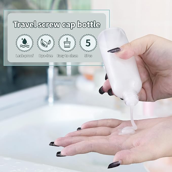 Tekson Plastic Travel Bottles 3.4 oz, Travel Size Containers for Shampoo, Empty Mouthwash Bottles with Silvery Screw Cap (100ml, Clear)