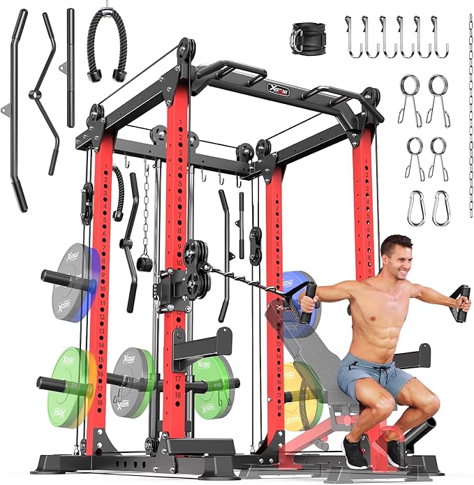 Power Cages Multi-Purpose Squat Rack with Cable Crossover System, Matching Weight Bench, Olympic Barbell Weight Set for Garage and Home Gyms-StrideForce Fitness