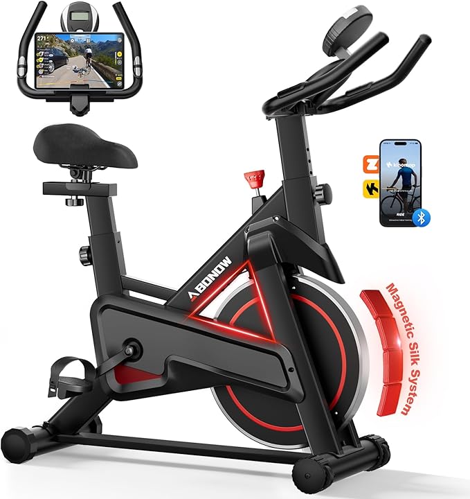 Exercise Bike, Adjustable Magnetic Resistance Stationary Bikes for Home with App Compatible, Indoor Cycling Bike with 300lbs Capacity Compact, Extra Comfort Seat & Tablet Mount-StrideForce Fitness