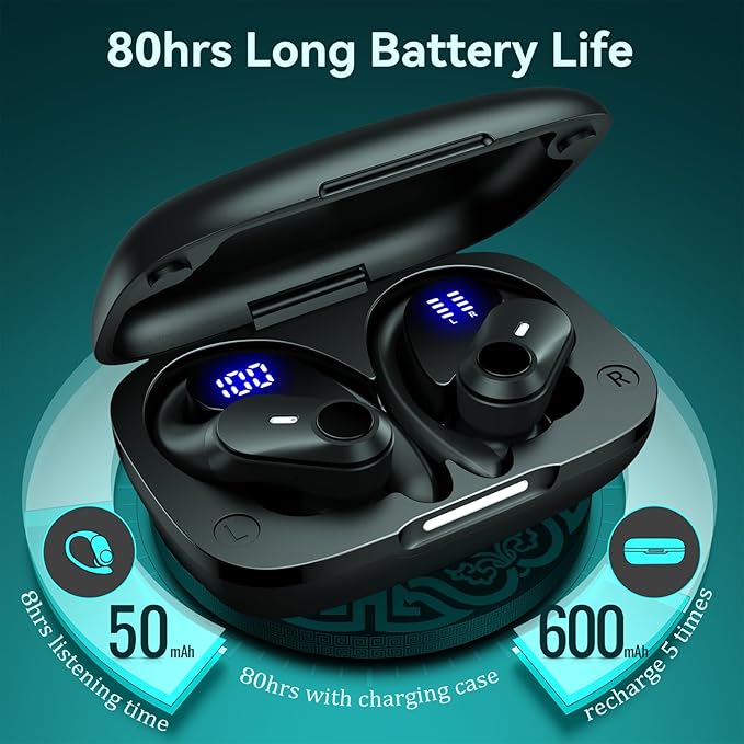 GOLREX Active Noise Cancelling Ear Buds Wireless Earbuds Bluetooth Headphones with 80H Playtime LED Display Wireless Charging Case, Over-Ear Hooks Earbud for Sports Running Gym Workout Black-StrideForce Fitness