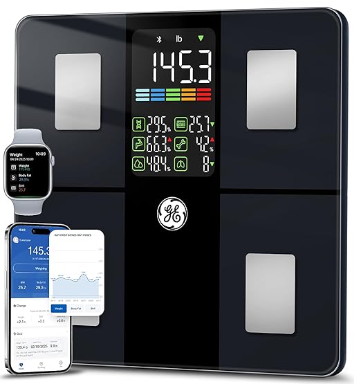 GE Smart Scale for Body Weight: Body Fat Scales Bathroom with BMI Muscle Mass 14 Body Composition Metrics with Large Display Accurate Bluetooth Weighing Machine with App 400 lbs-StrideForce Fitness