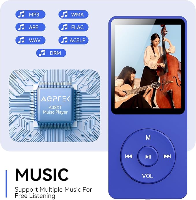 AGPTEK A02 MP3 Player with Bluetooth 5.3, 1.8 inch Screen Portable Music Player with Speaker, FM Radio, Voice Recorder, Supports Expanded Up to 128GB(Blue, 32GB)-StrideForce Fitness