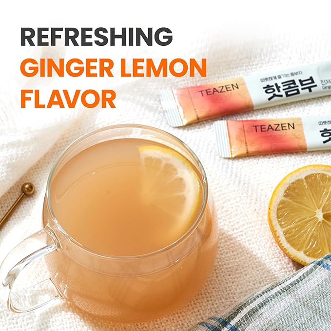 TEAZEN Lemon Ginger Hot Kombucha Tea, Live Probiotics & Postbiotics, Relaxation and Warmth for Colds and Sore Throat, Hydration Drink Mix, Sugar Free, 30 Sticks, 5.29oz-StrideForce Fitness