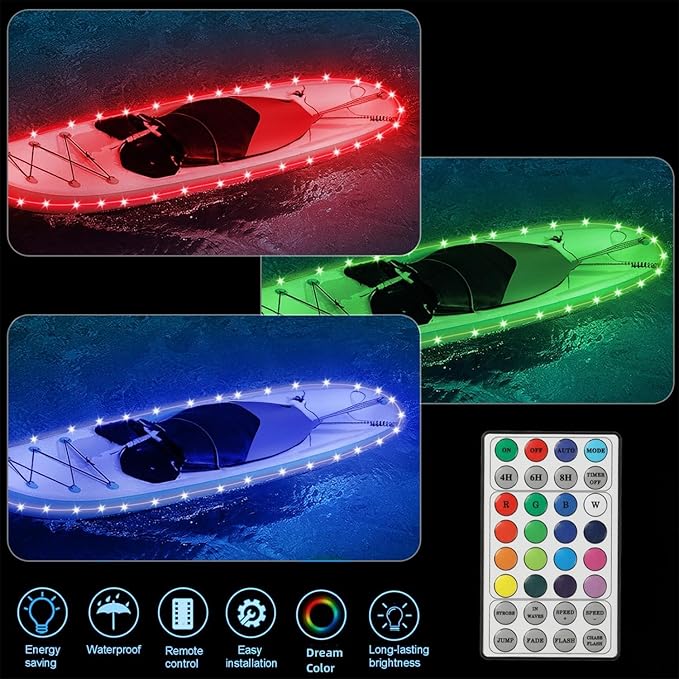Kayak Paddle Board Lights Kit, IP68 Waterproof Dream Color SUP Glow Lights with Remote, Battery Powered Kayak Lighting for Night Kayaking SUP Canoes, Marine Boat Pontoon Light (22FT)-StrideForce Fitness