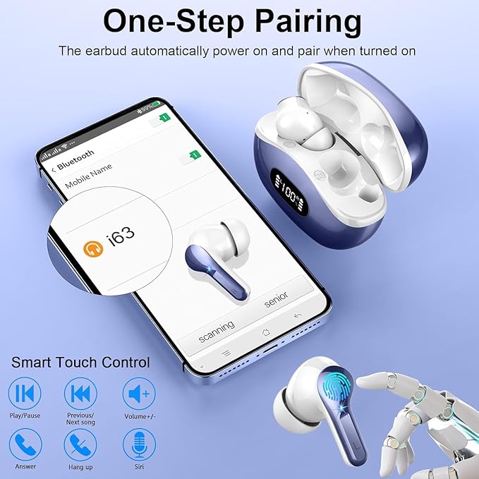 Wireless Earbuds, Bluetooth Headphones 5.3 HiFi Stereo Ear buds with ENC Noise Cancelling Mic, 40H Bluetooth Earbuds with Dual LED Display Charging Case, IP7 Waterproof Earphones for Android iOS, Blue-StrideForce Fitness