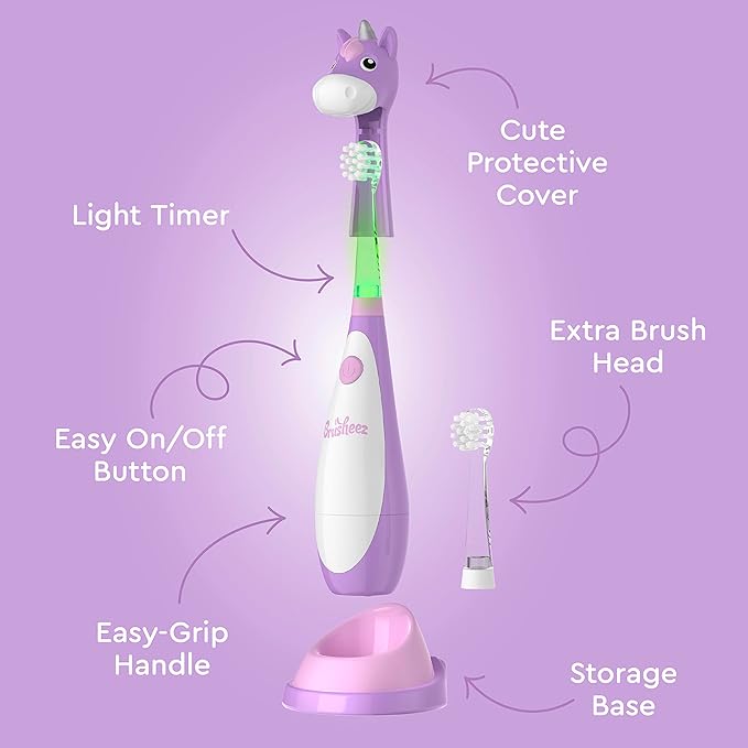 Brusheez Little Toddlers’ Sonic Toothbrush - Safe & Gentle Toothbrush for Ages 1-3 with Built-in, Light-Up 2-Minute Timer, Extra Brush Head, & Storage Base for First-Time Brushers (Lucky The Unicorn)