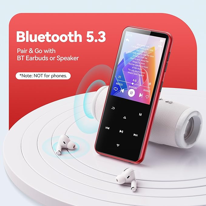 AGPTEK 64GB MP3 Player with Bluetooth, M3 2.4 inch Music Player with Speaker and FM Radio, Touch Buttons, Supports Up to 128GB (Black Red)-StrideForce Fitness