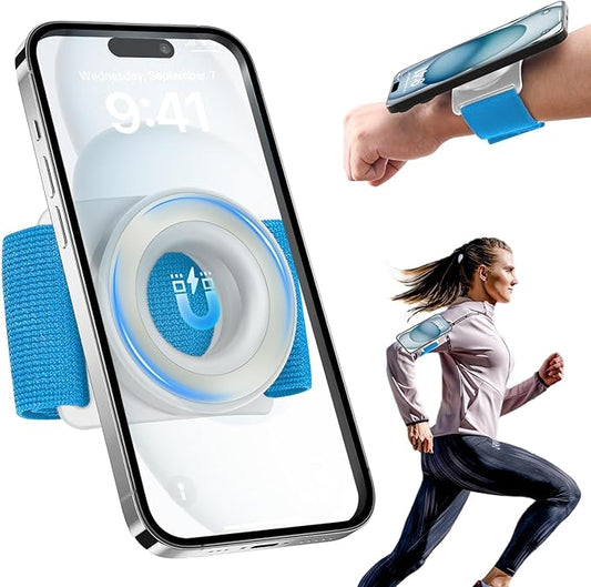 TOPGO Running Phone Holder for iPhone [360° Rotatable & Upgrade Anti-Drop] Magnetic Wrist Phone Holder, Armband Cell Phone Holder Compatible with magsafe iPhone 17 Pro Max and Android - Blue-StrideForce Fitness