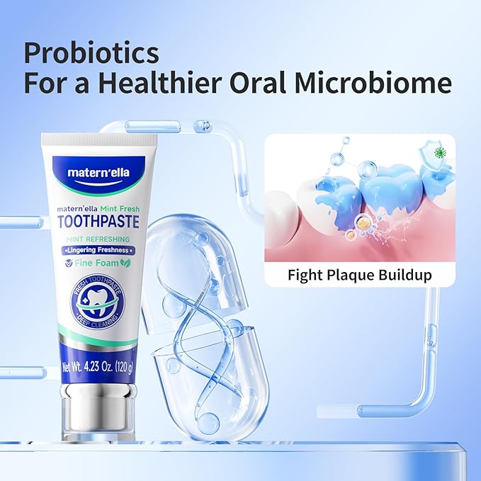 matern'ella Toothpaste for Sensitive Gums, Fluoride & SLS Free, Removing Stains Hydrated Silica, with Probiotics & Xylitol Mint Fresh 4.23 oz