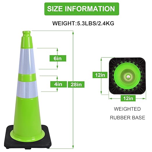 OrangeStar 28" Traffic Cones 4-Pack, Green Safety Cones with Reflective Collars, Weighted Rubber Base for Highway, Roadwork, Parking Lot Safety, Warehouse, Indoor & Outdoor Use-StrideForce Fitness