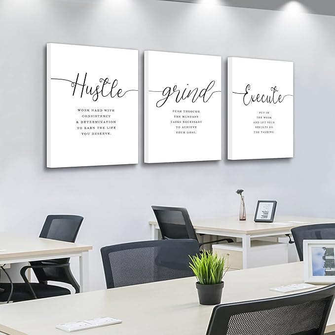 EPHANY Inspirational Wall Art - Large Office Wall Decor Painting, Hustle Grind Execute Quotes, office wall art,working room wall decor, gift for boss (H-3pcs,24x36inchx3pcs)-StrideForce Fitness