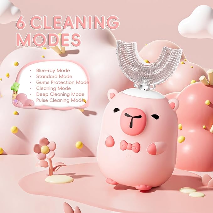 Kids Electric Toothbrush U Shaped - Cartoon Capybara with 6 Brush Heads Full Mouth Degree Cleaning Sonic Toddler Automatic Toothbrush with IPX7 Waterproof (Pink 2-14 Years)