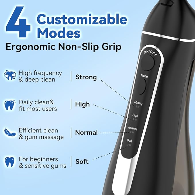 Cordless Portable Water Flosser with 300ML Tank: Rechargeable Oral Irrigator with 5 Tips for Travel, Braces Care and Sensitive Gums, IPX7 Waterproof Teeth Cleaning Device(Black)