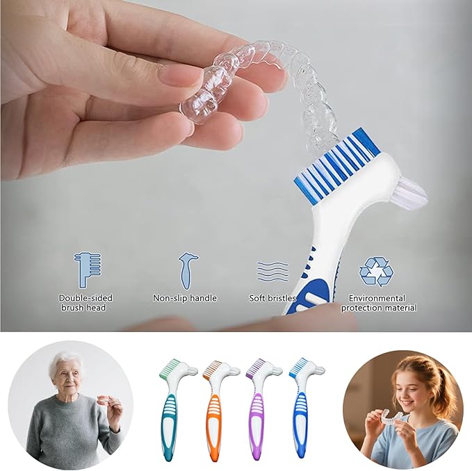 Denture Brush Dual Head Toothbrushes False Teeth Brush Denture Cleaning Kit Toothbrush (Orange Blue)