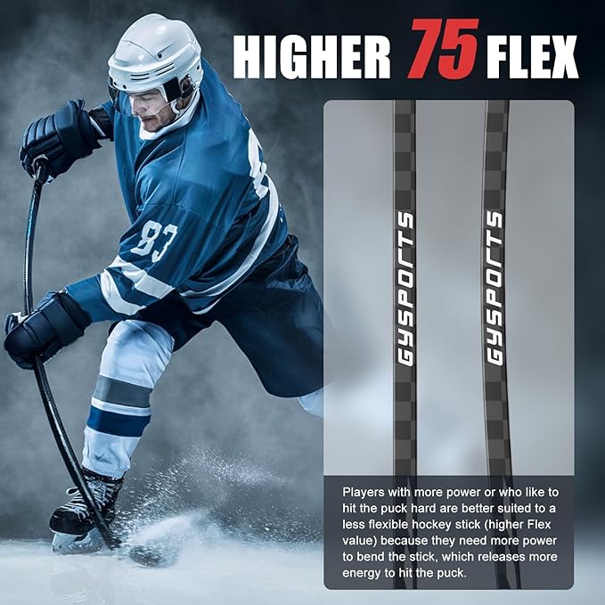GY Ice Hockey Stick Senior Professional 100% Carbon Fibre Hockey Stick Adult 66"" Length, Shaft Woven UD 24K / Fle 75-StrideForce Fitness