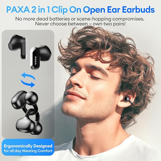 2 in 1 Clip on Open Ear Headphones Wireless Earbuds, 0 Delay Bluetooth 6.0, Ultra-Long 140H Play, Auto L-R Recognition Touch Control, Hybrid Noise Reduction for Work Fitness Daily Use, Ctbuds Black-StrideForce Fitness