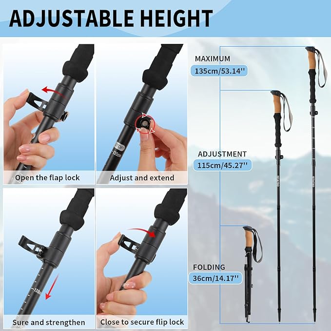 Portable Foldable Hiking Poles, 7075 Aluminum Adjustable Walking Sticks with Quick - Lock, Ideal for Hiking, Camping, and Mountain Trips 2pc Trekking Poles-StrideForce Fitness