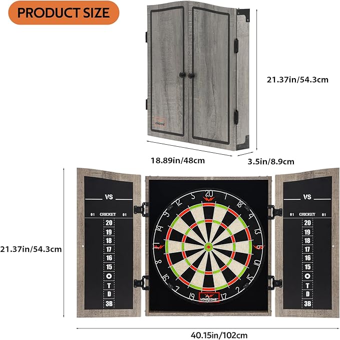 Dartboard Cabinet Set - Easy Assembly One Piece Sports Hemp Dartboard Scoreboard - Play Immediately - 6 Dart Chalk Set for Home Game Bar Accessories, Gray-StrideForce Fitness