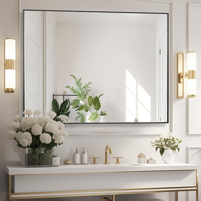 36x48 Inch Black Bathroom Mirror for Wall, Aluminum Frame Rectangle Rectangular Vanity Mirror, Modern Large for Bedroom, Living Room, Horizontal or Vertical-StrideForce Fitness