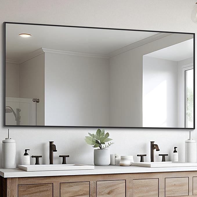 Black Bathroom Mirror for Wall, 30x60 Inch Rectangle Mirrors with Metal Frame, Modern Vanity Wall Mirror Decor for Entryway Hangs, Bathroom Living Room Horizontal or Vertical-StrideForce Fitness