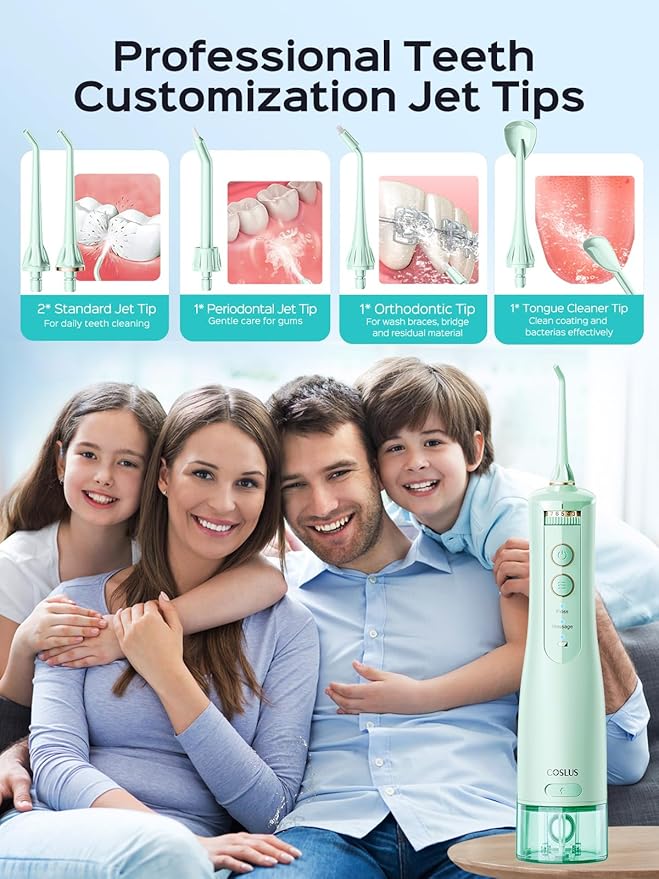 COSLUS Portable Water Flosser for Teeth: 10 Pressure Settings Professional Water Dental Pick for Orthodontic, Braces & Sensitive Gums - Cordless for Travel Use, for Adults Teens, BPA-Free, E40