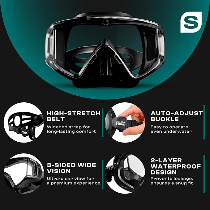 Pano 3 Scuba Diving Mask, Tempered Glass Snorkel Mask Three-Window Scuba Mask No-Leak Dive Mask Silicone Skirt Diving Mask for Snorkeling and Scuba Use-StrideForce Fitness