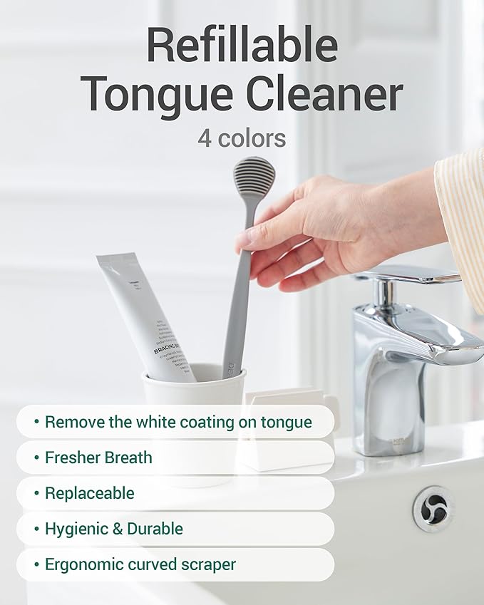 DEARCUS Korean Tongue Scraper with 3 Replaceable Heads - 100% BPA Free TPE Tongue Cleaner - Reduce Bad Breath & Without Hurt - Hygienic Scraper - Modern & Simple Design (Deep Gray)